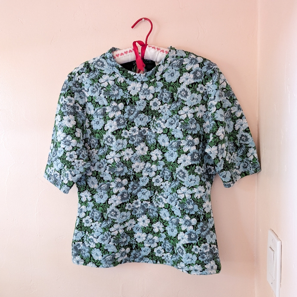 Maeve Anthropologie Floral Short-Sleeve Mock-Neck Jacquard Top - Sz Large